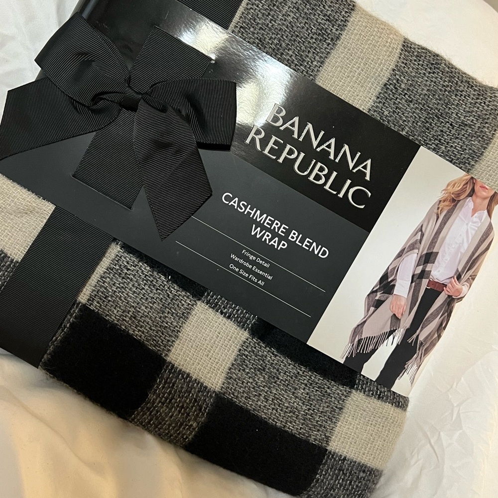 Black and cream colored cashmere blend wrap by Banana Republic.